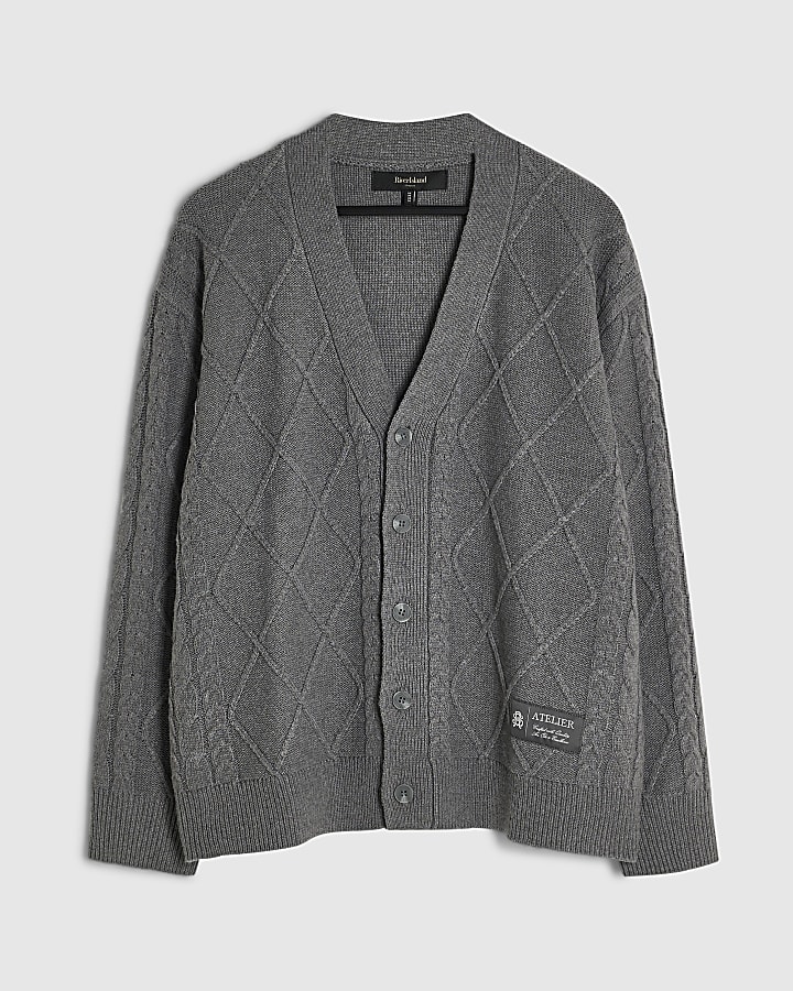Grey Regular Fit Cable Knit Cardigan