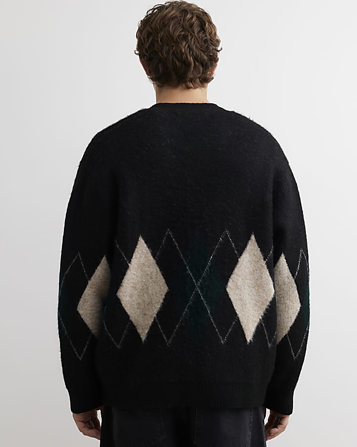 Black Boxy Fit Cotton Argyle Print Cardigan