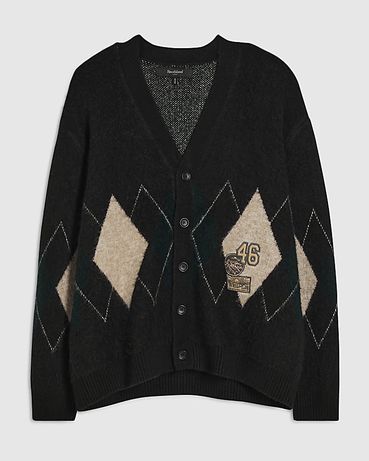 Black Boxy Fit Cotton Argyle Print Cardigan