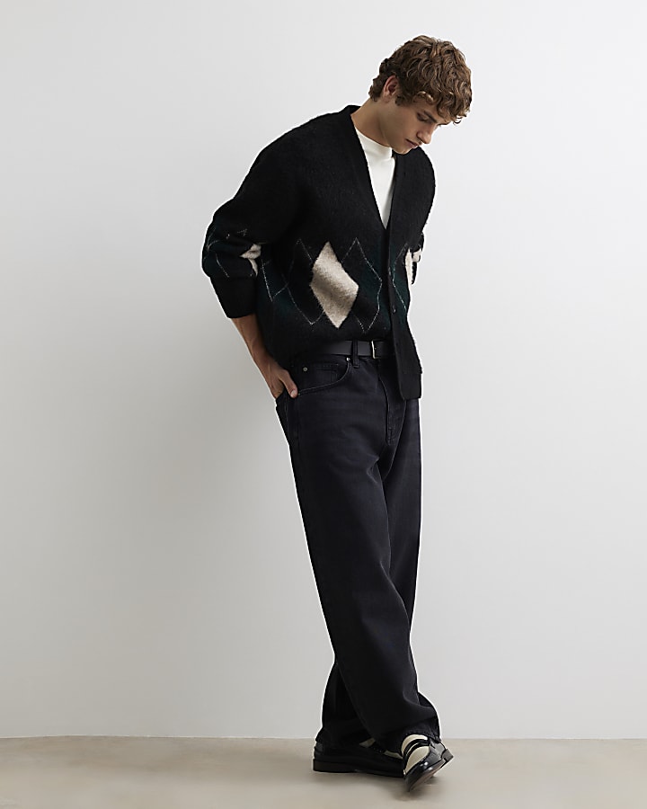 Black Boxy Fit Cotton Argyle Print Cardigan