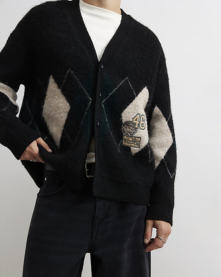 Black Boxy Fit Cotton Argyle Print Cardigan