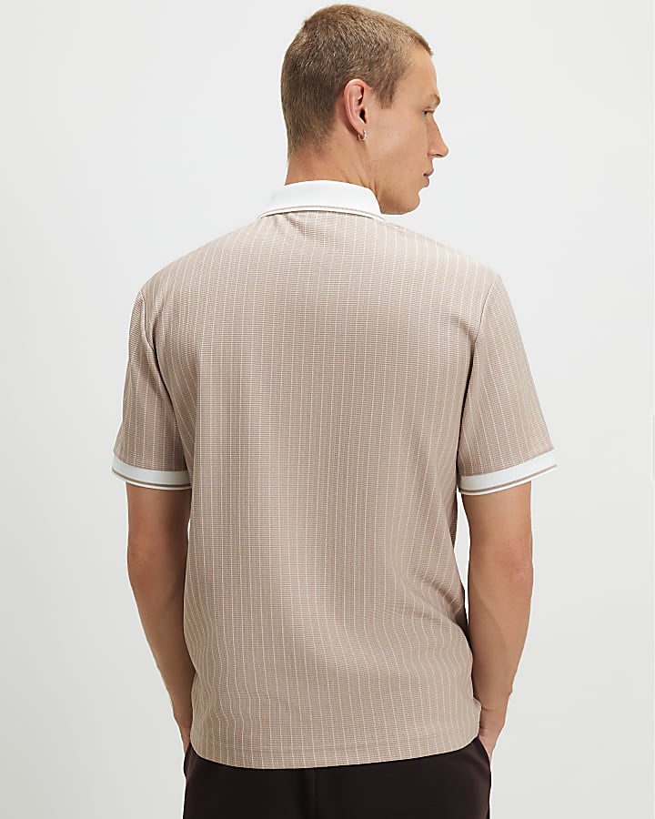 Beige Slim Fit Pinstripe Zip Polo Shirt