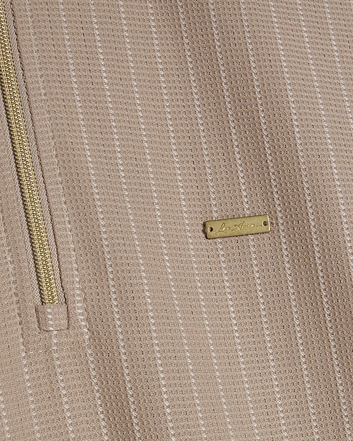Beige Slim Fit Pinstripe Zip Polo Shirt