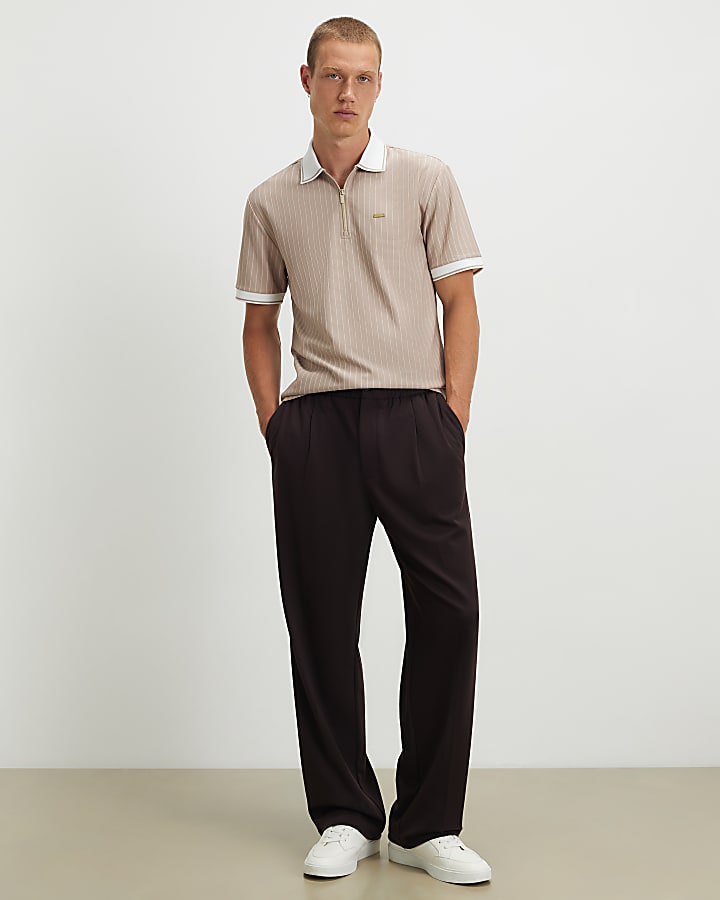 Beige Slim Fit Pinstripe Zip Polo Shirt