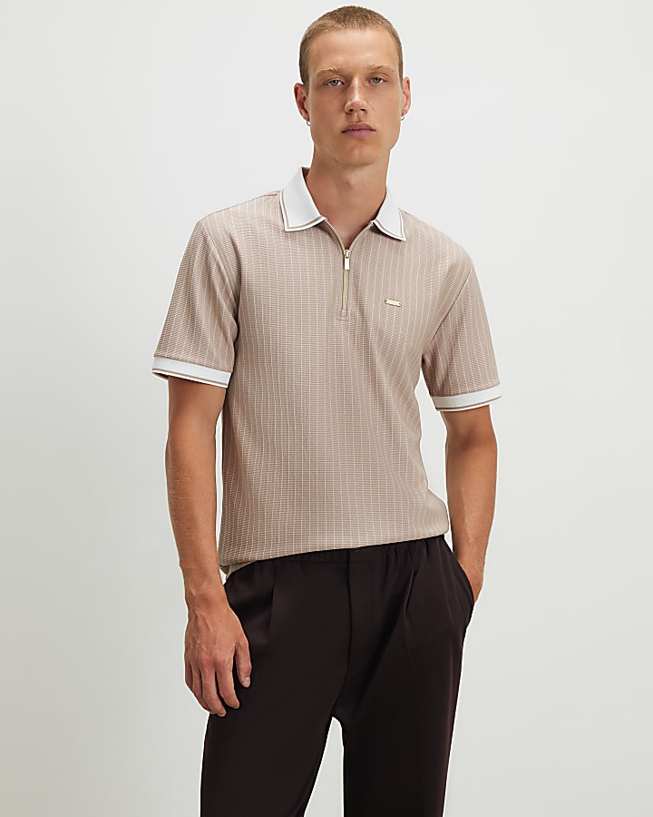 Beige Slim Fit Pinstripe Zip Polo Shirt