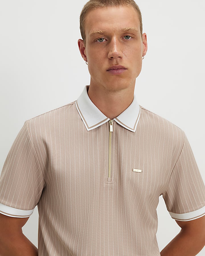 Beige Slim Fit Pinstripe Zip Polo Shirt
