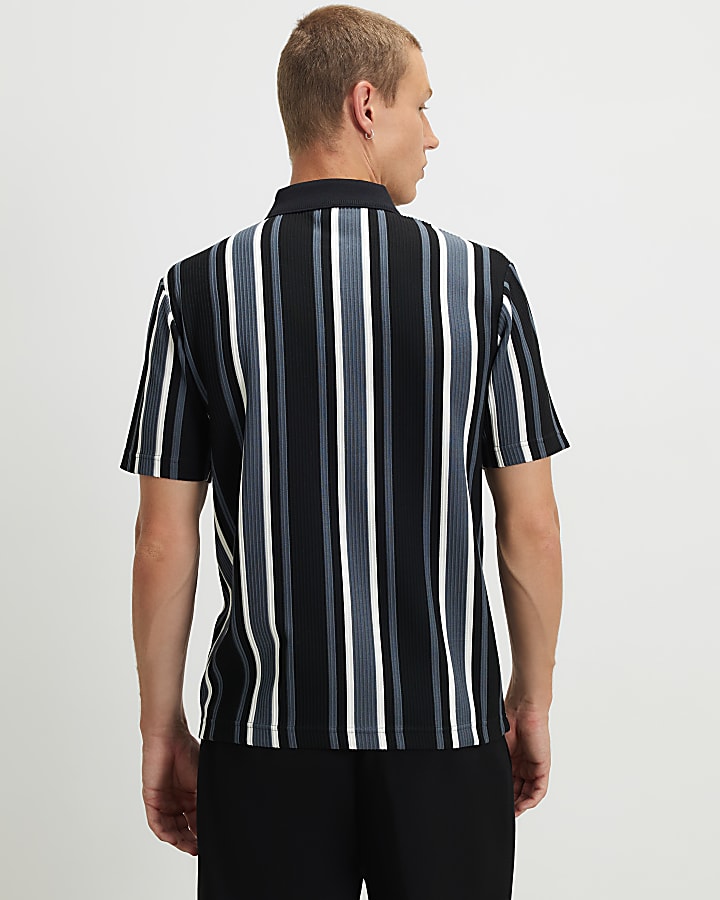 Black Slim Fit Textured Stripe Polo Shirt