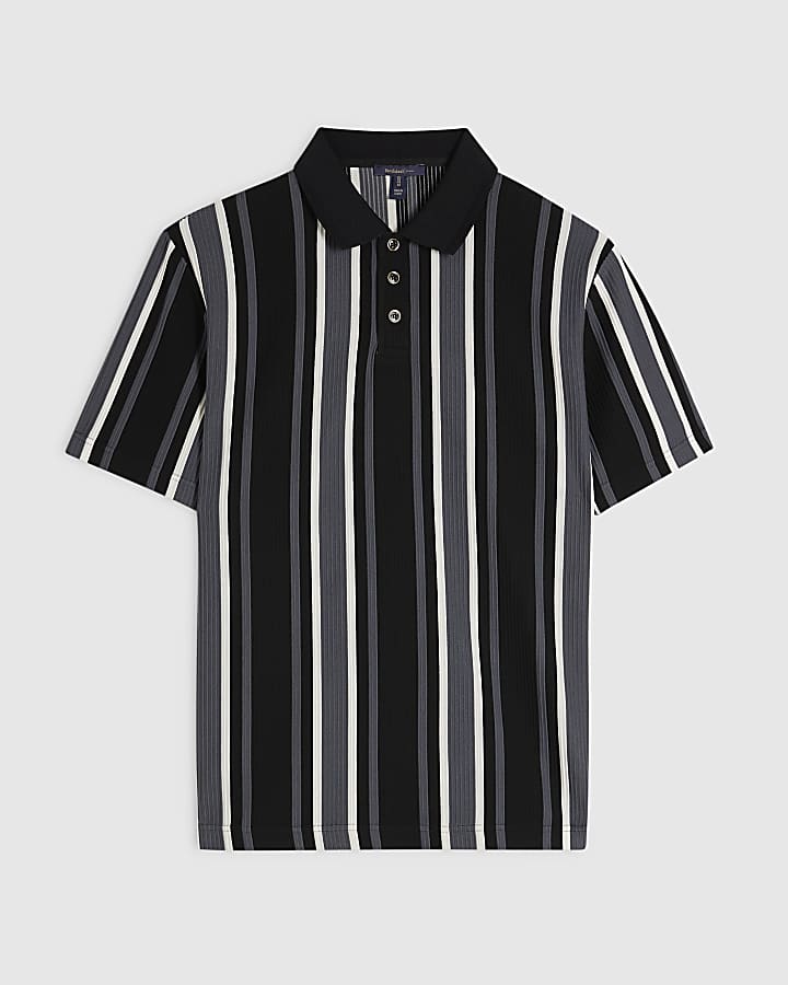 Black Slim Fit Textured Stripe Polo Shirt