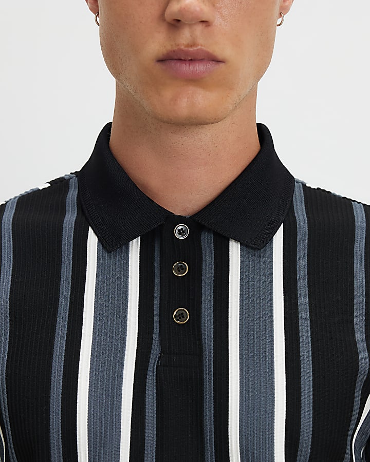 Black Slim Fit Textured Stripe Polo Shirt