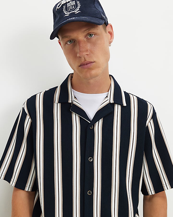 Navy Regular Fit Textured Stripe Polo Shirt