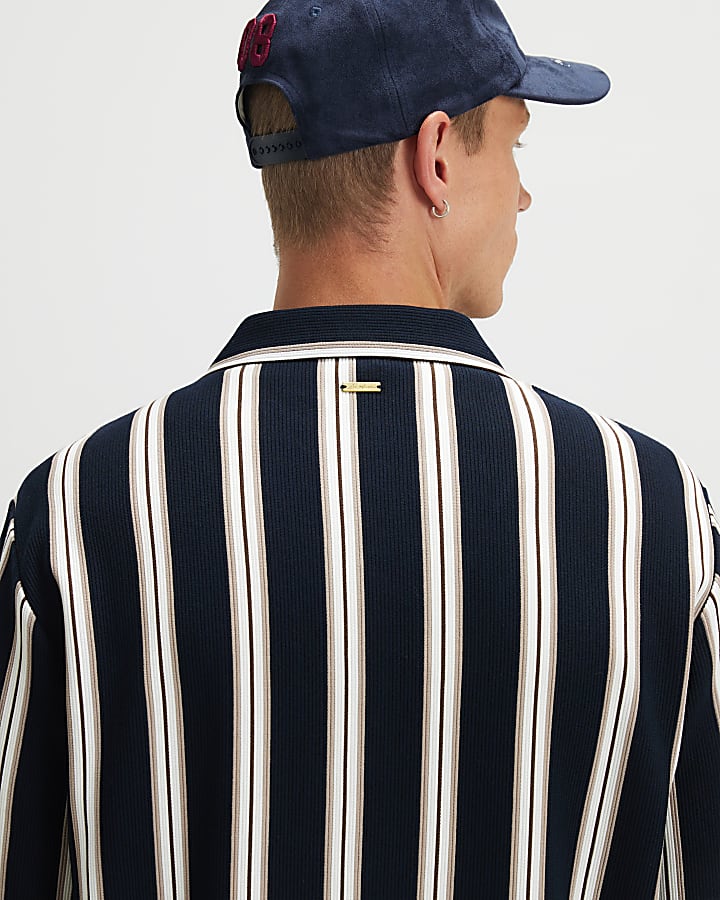 Navy Regular Fit Textured Stripe Polo Shirt