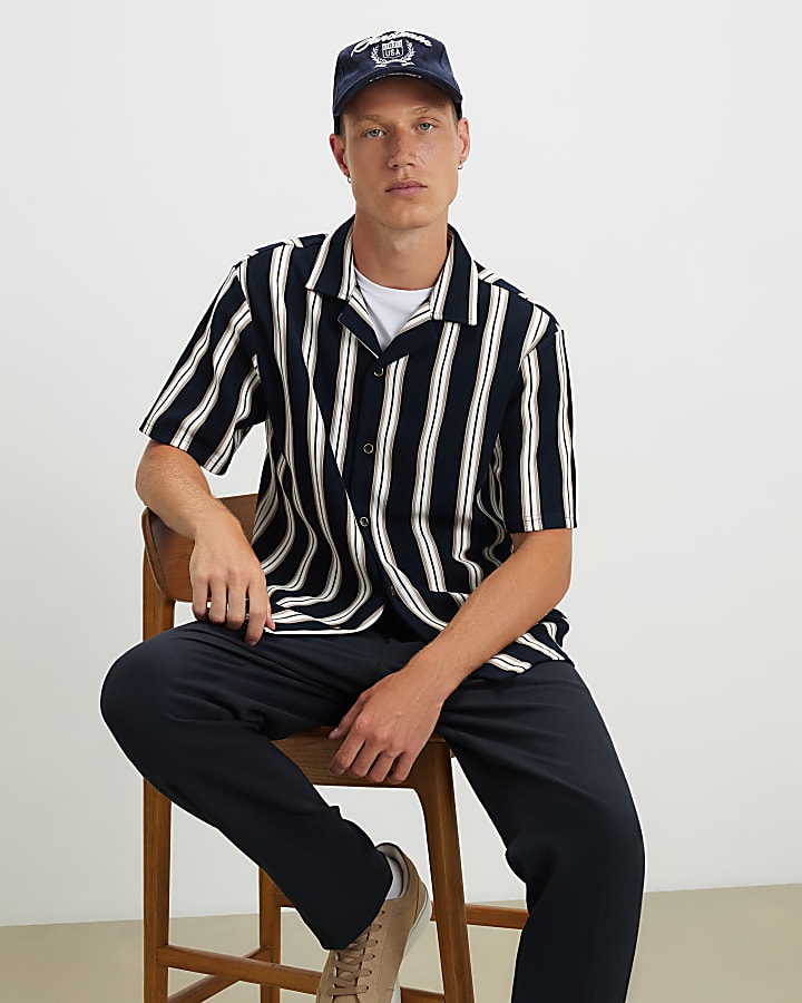 Navy Regular Fit Textured Stripe Polo Shirt