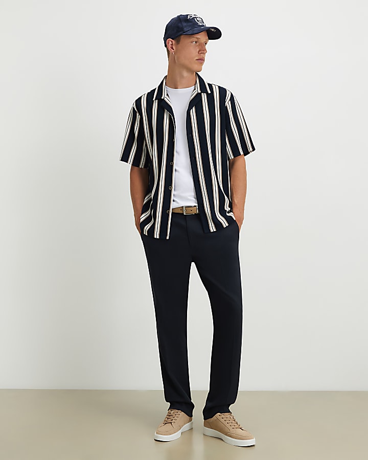 Navy Regular Fit Textured Stripe Polo Shirt