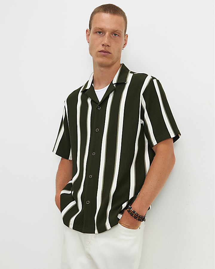 Khaki Regular Fit Textured Stripe Shirt
