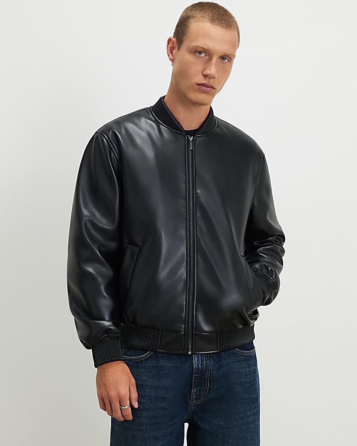 Black Faux Leather Bomber Jacket