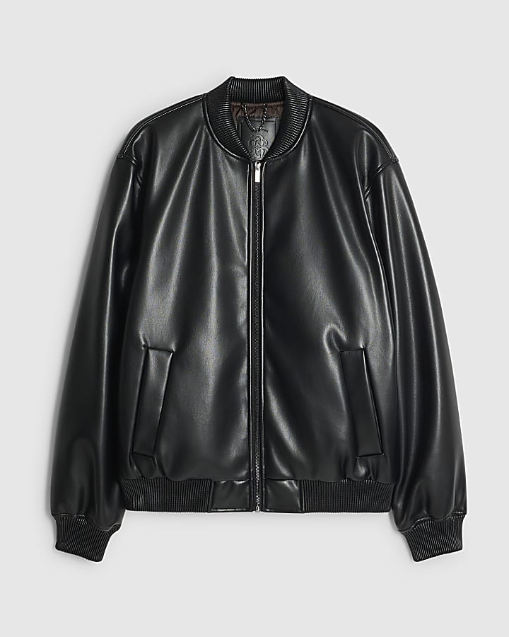 Black Faux Leather Bomber Jacket