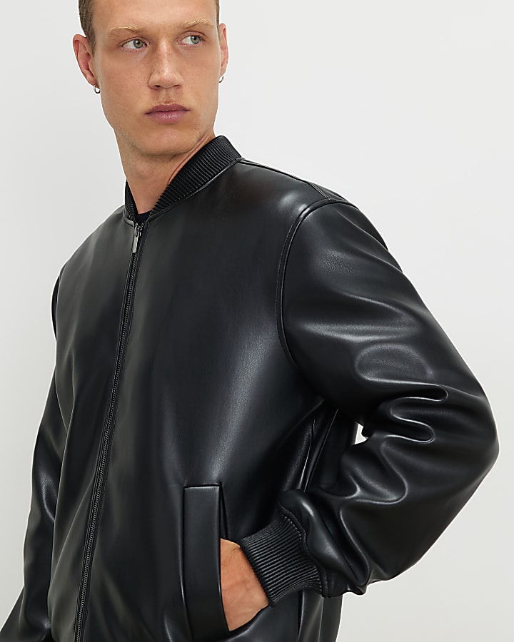 Black Faux Leather Bomber Jacket