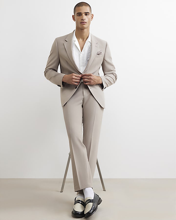Beige Slim Fit Suit Trousers