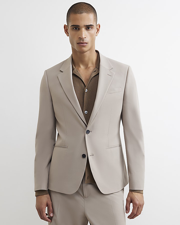 Beige Slim Fit Cotton Suit Jacket