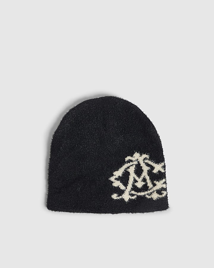 Black Fluffy Skull Graphic Beanie Hat