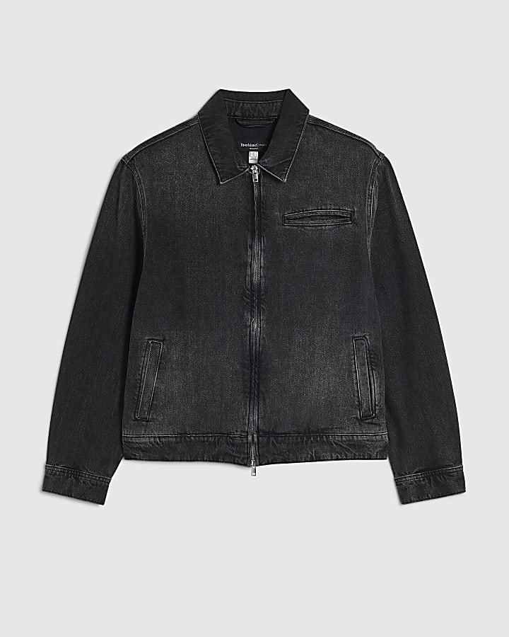 Black Regular Fit Denim Zip Through Jacket