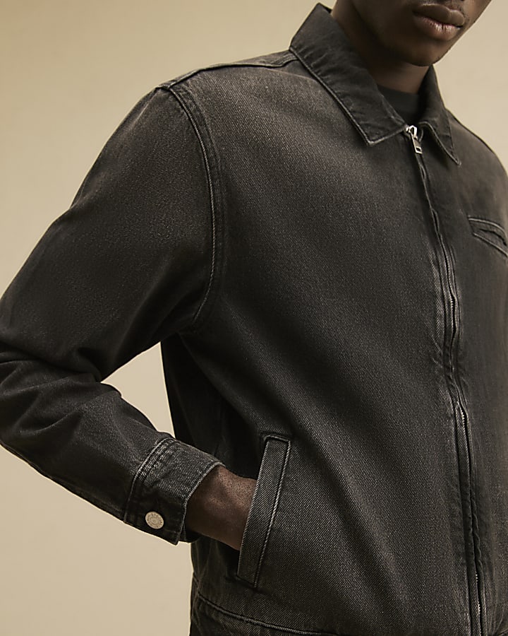 Black Regular Fit Denim Zip Through Jacket