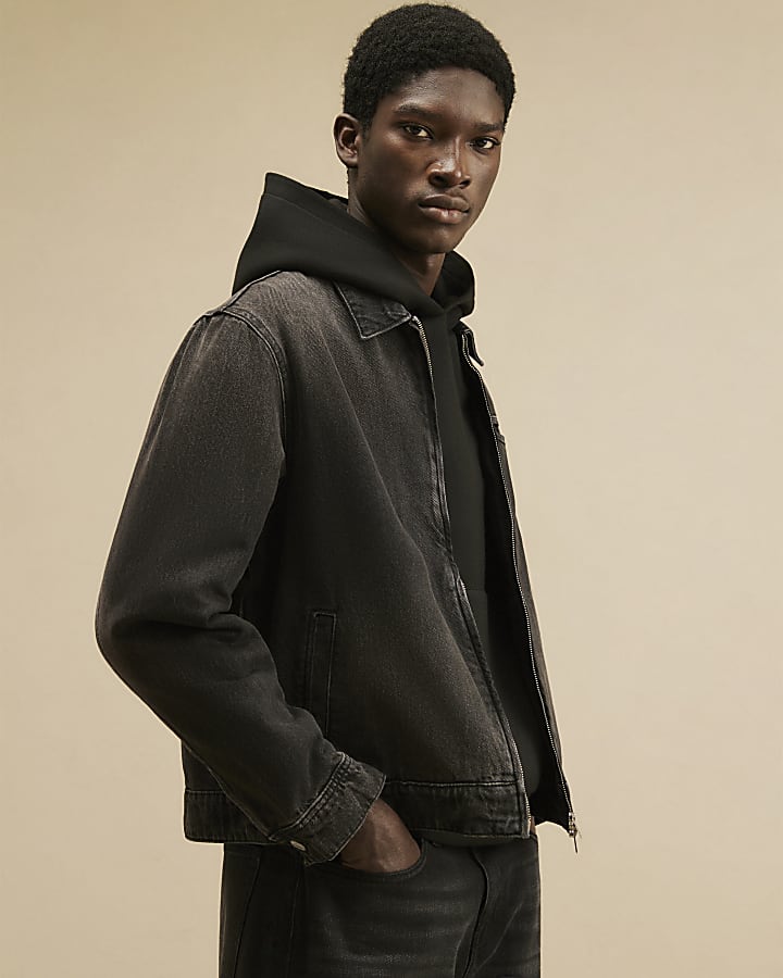 Black Regular Fit Denim Zip Through Jacket