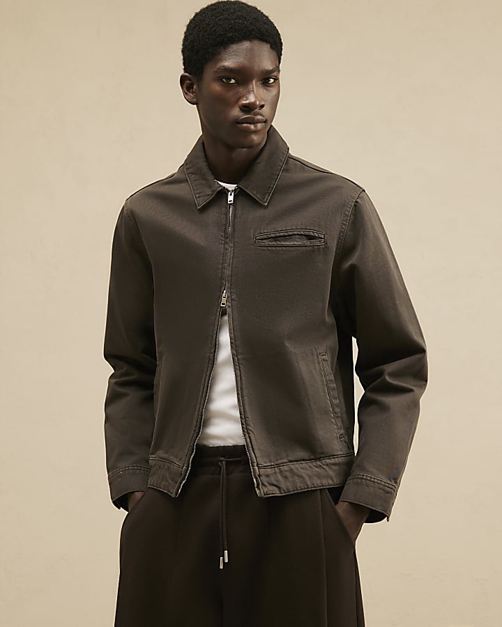 Brown Regular Fit Cotton Zip Through Jacket