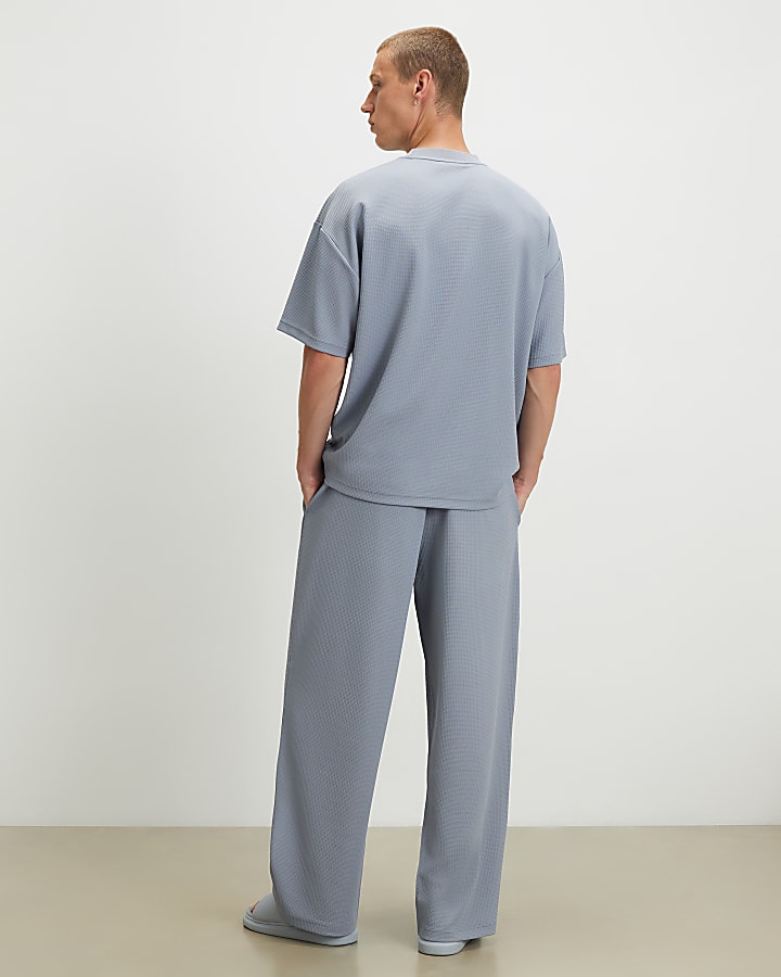 Blue Waffle Textured Wide Leg Joggers
