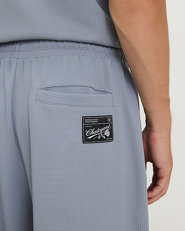 Blue Waffle Textured Wide Leg Joggers