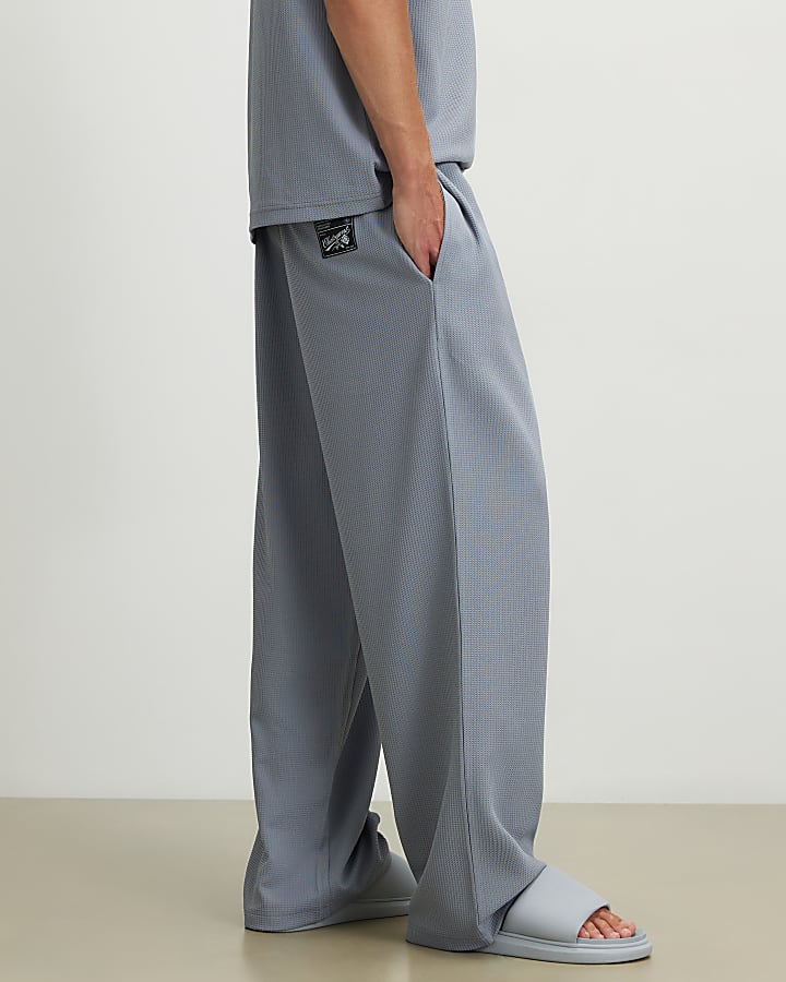 Blue Waffle Textured Wide Leg Joggers