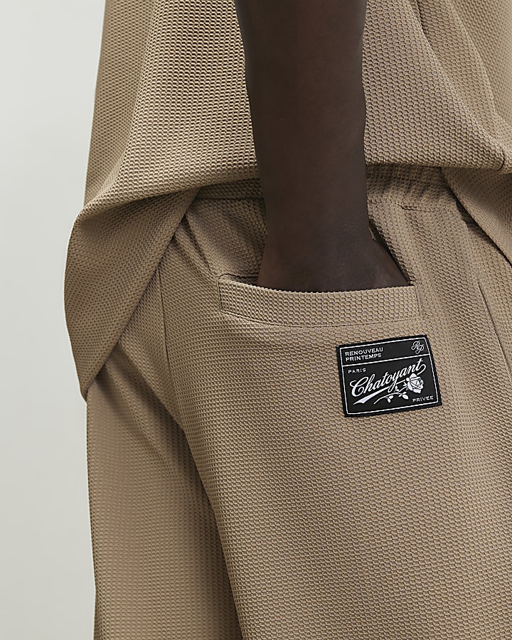 Beige Wide Leg Waffle Textured Joggers