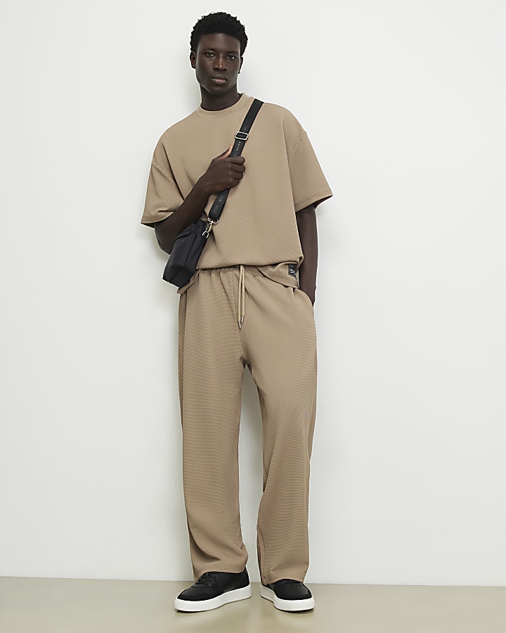 Beige Wide Leg Waffle Textured Joggers