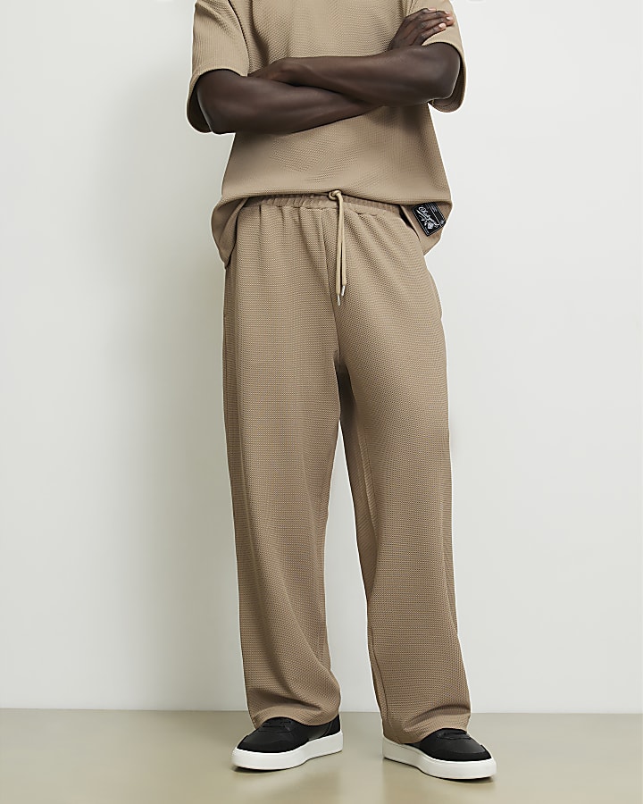 Beige Wide Leg Waffle Textured Joggers