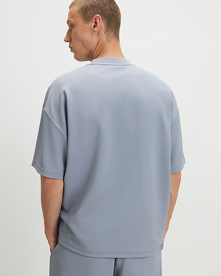 Blue Oversized Fit Waffle Textured T-Shirt