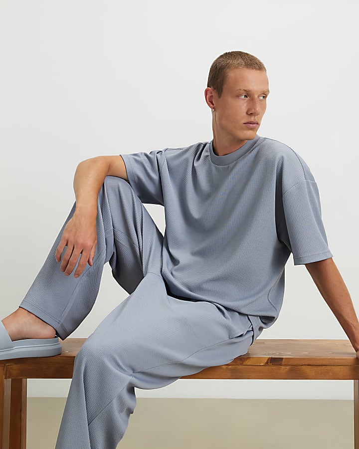 Blue Oversized Fit Waffle Textured T-Shirt