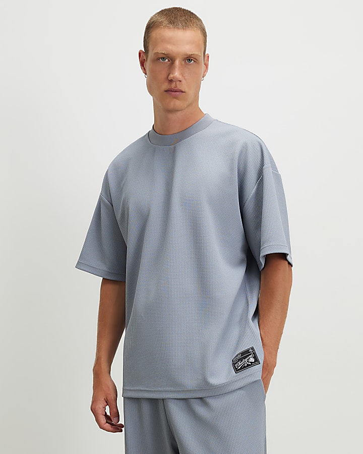 Blue Oversized Fit Waffle Textured T-Shirt
