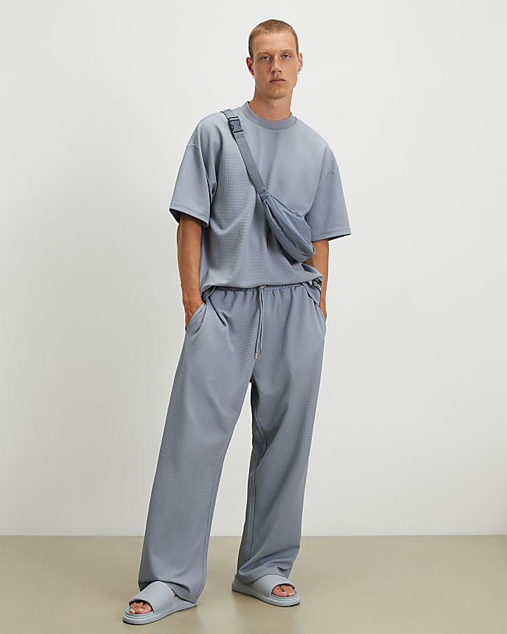 Blue Oversized Fit Waffle Textured T-Shirt