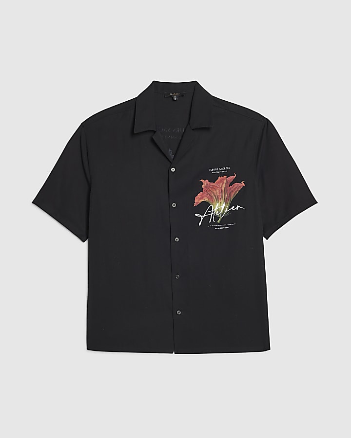 Black Oversized Fit Floral Shirt