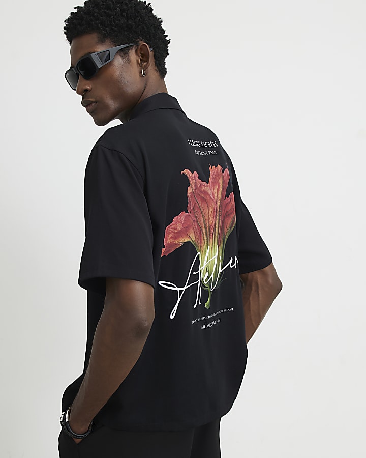 Black Oversized Fit Floral Shirt