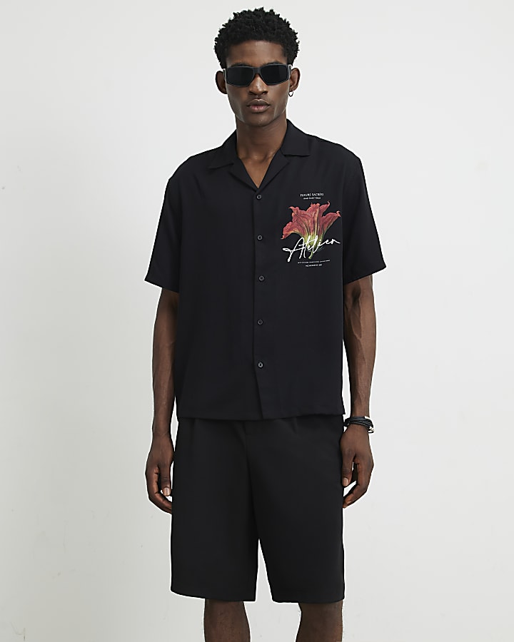 Black Oversized Fit Floral Shirt