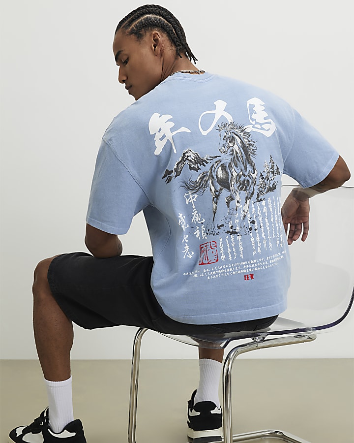 Blue Oversized Fit Japanese Horse T-Shirt