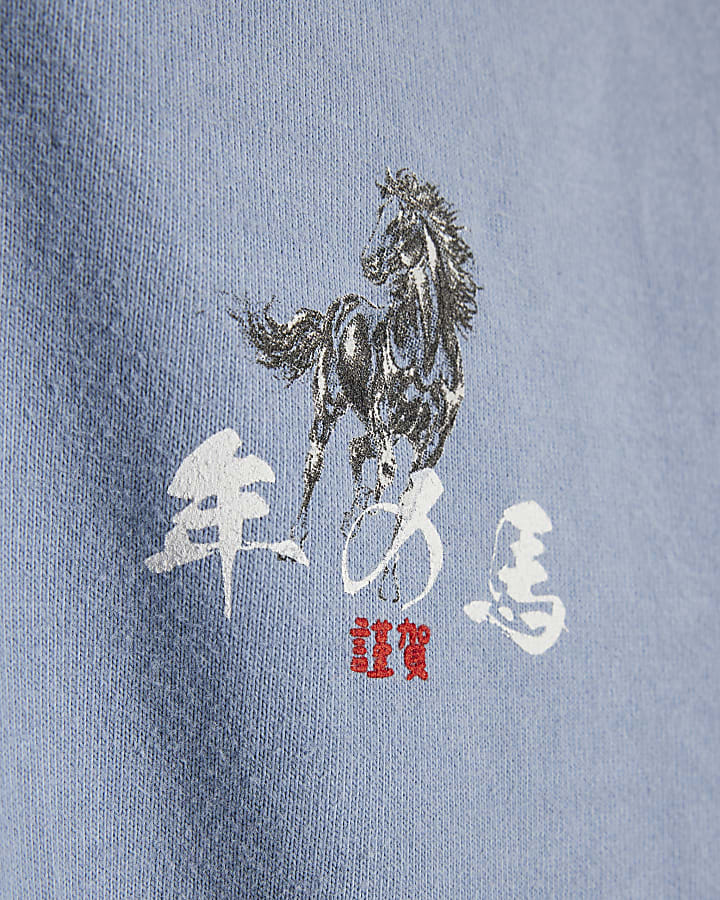 Blue Oversized Fit Japanese Horse T-Shirt