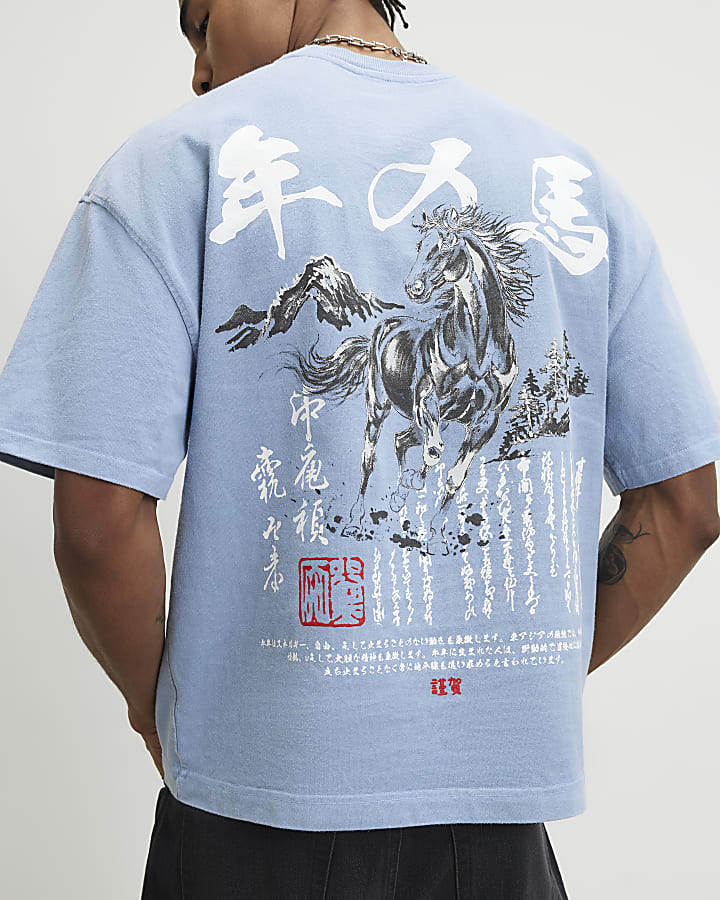 Blue Oversized Fit Japanese Horse T-Shirt