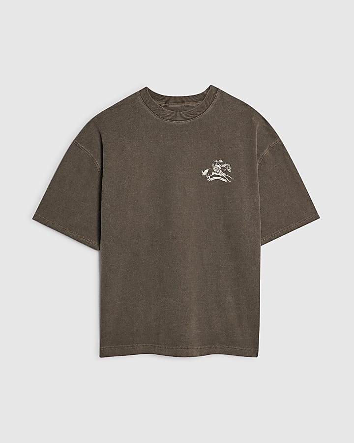 Brown Oversized Fit Washed 1912 USA T-Shirt