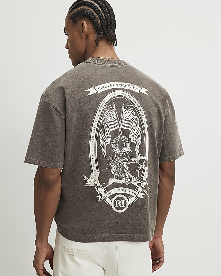 Brown Oversized Fit Washed 1912 USA T-Shirt