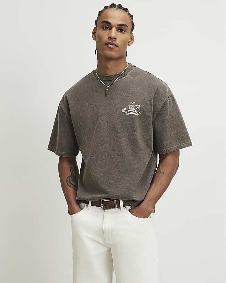 Brown Oversized Fit Washed 1912 USA T-Shirt