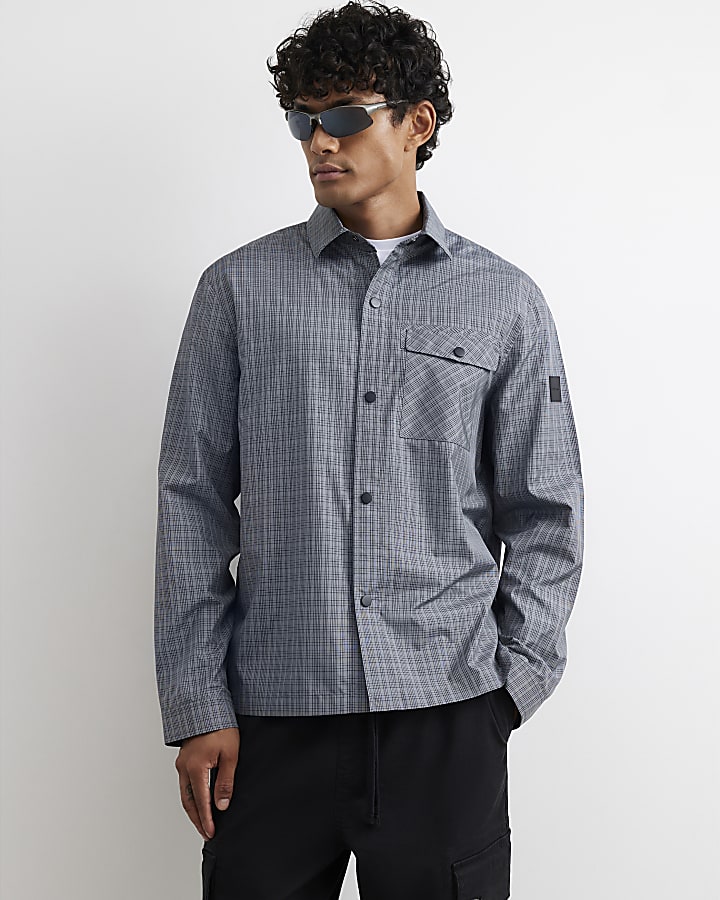Grey Regular Fit Nylon Check Utility Shirt