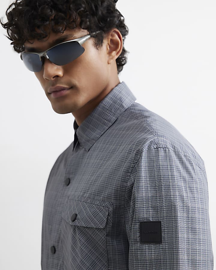 Grey Regular Fit Nylon Check Utility Shirt