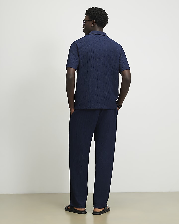 Navy Slim Fit Textured Open Hem Joggers